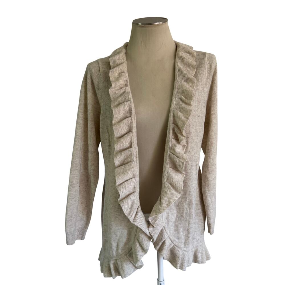 Chicos Beige 100% Cashmere Ruffle Open Cardigan Sweater L Romantic Whimsy